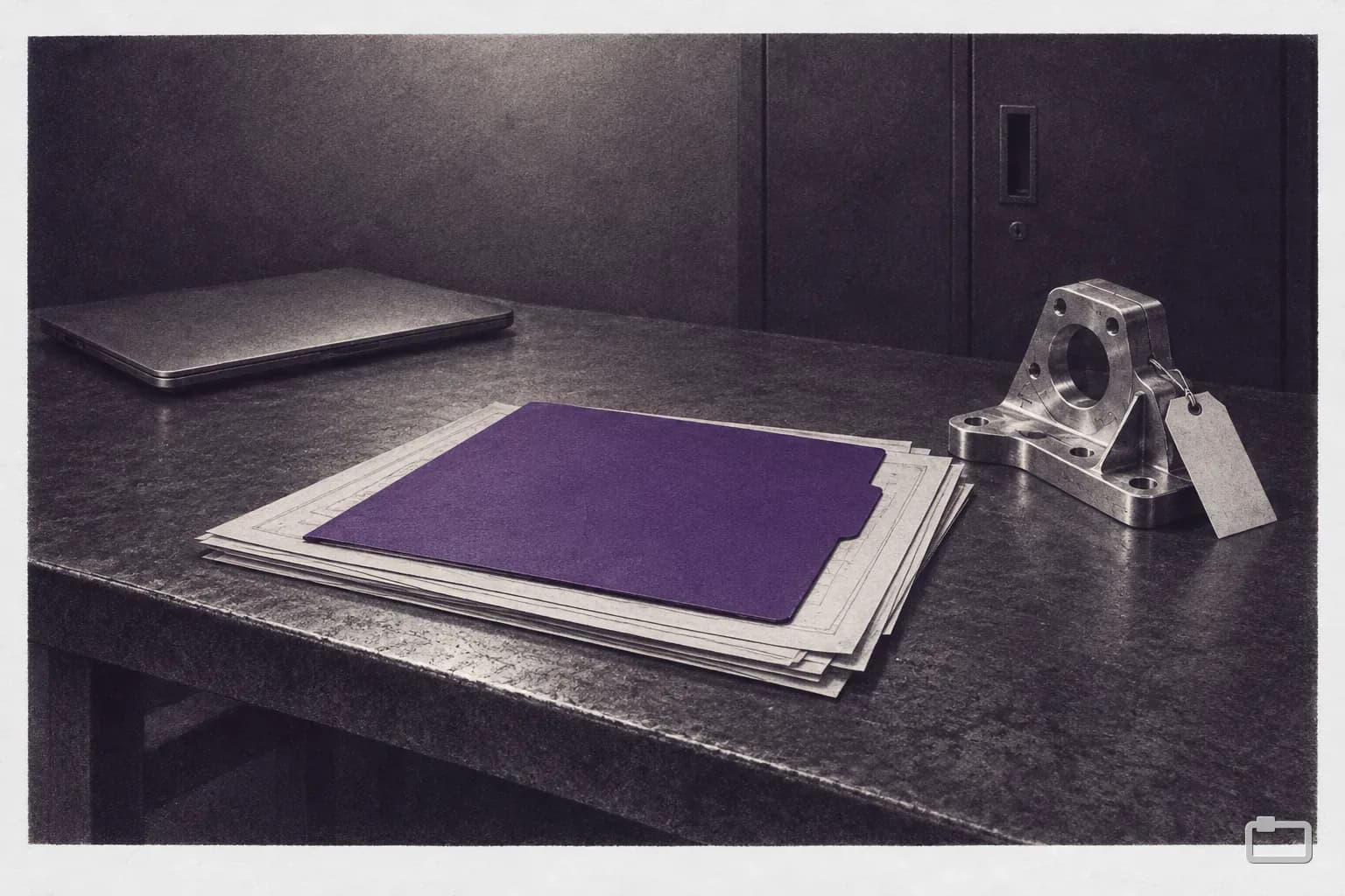 Mezzotint of a folder with a purple cover sheet on a stack of drawings
