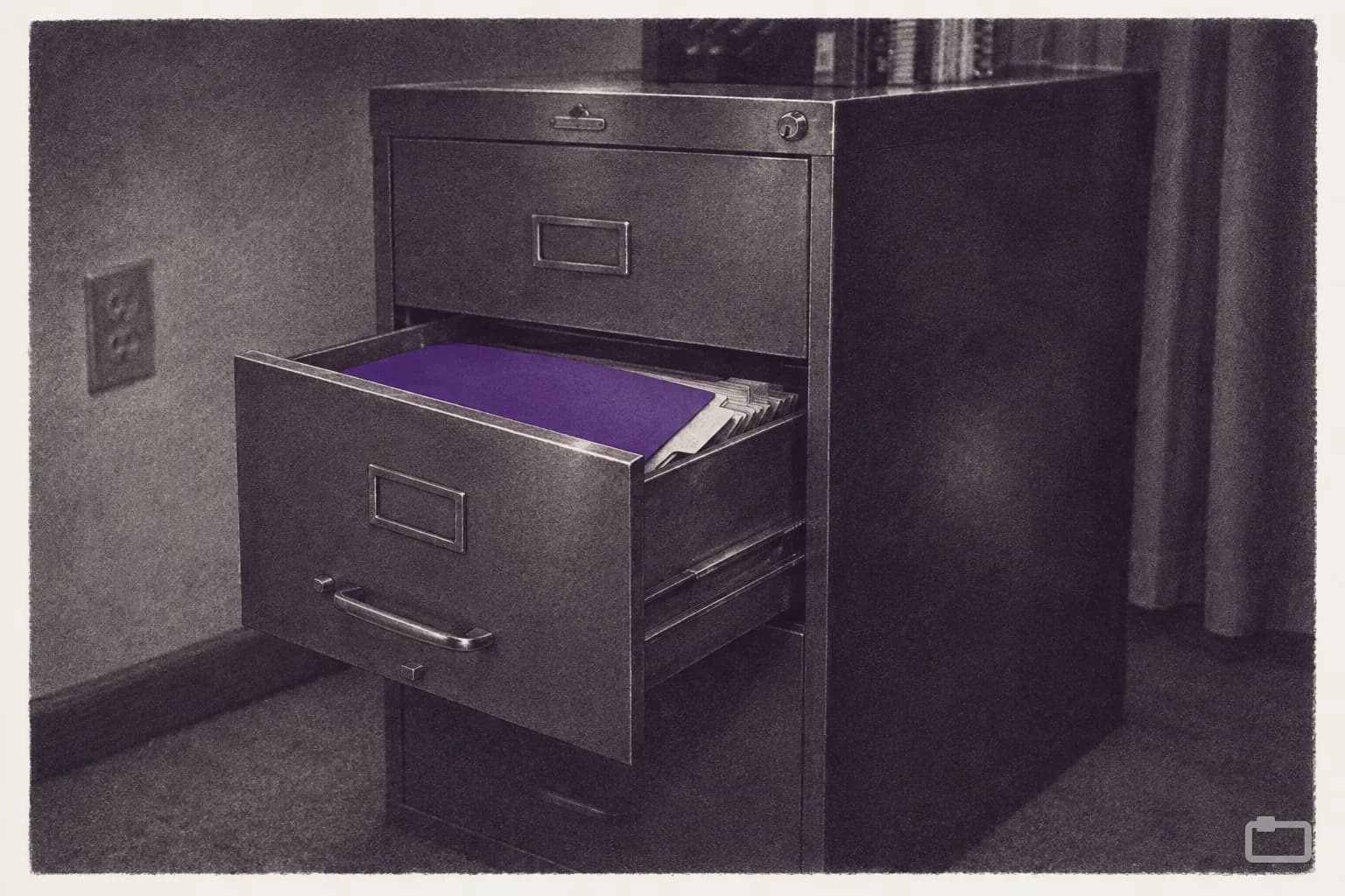 Mezzotint of a folder going into a filing cabinet drawer