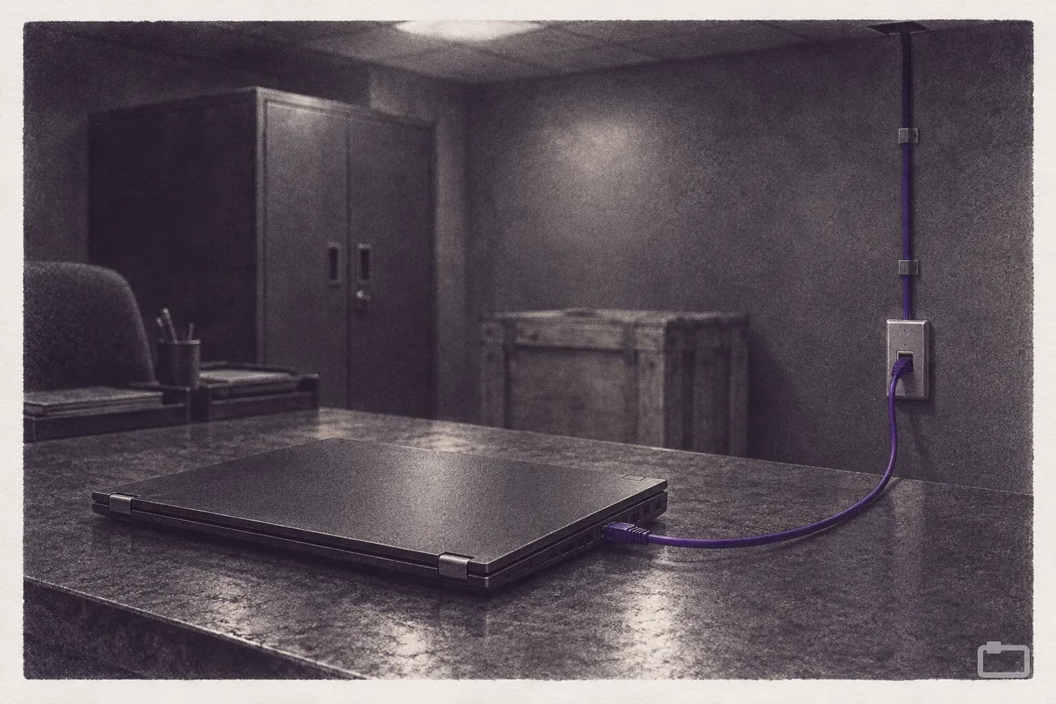 Mezzotint of a closed laptop cabled to a wall jack