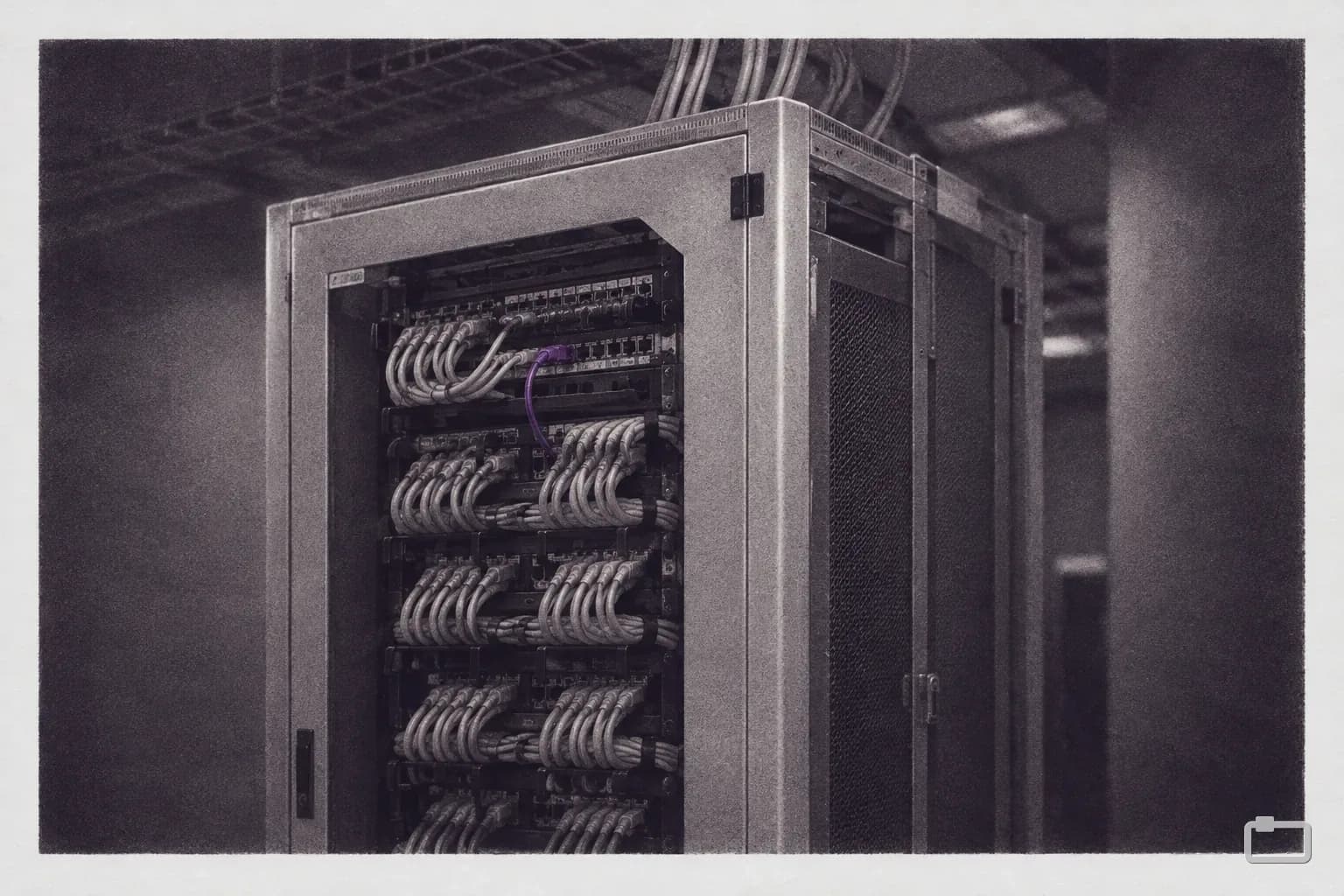 Mezzotint of a server rack with grey cables entering at the top and one purple patch cable
