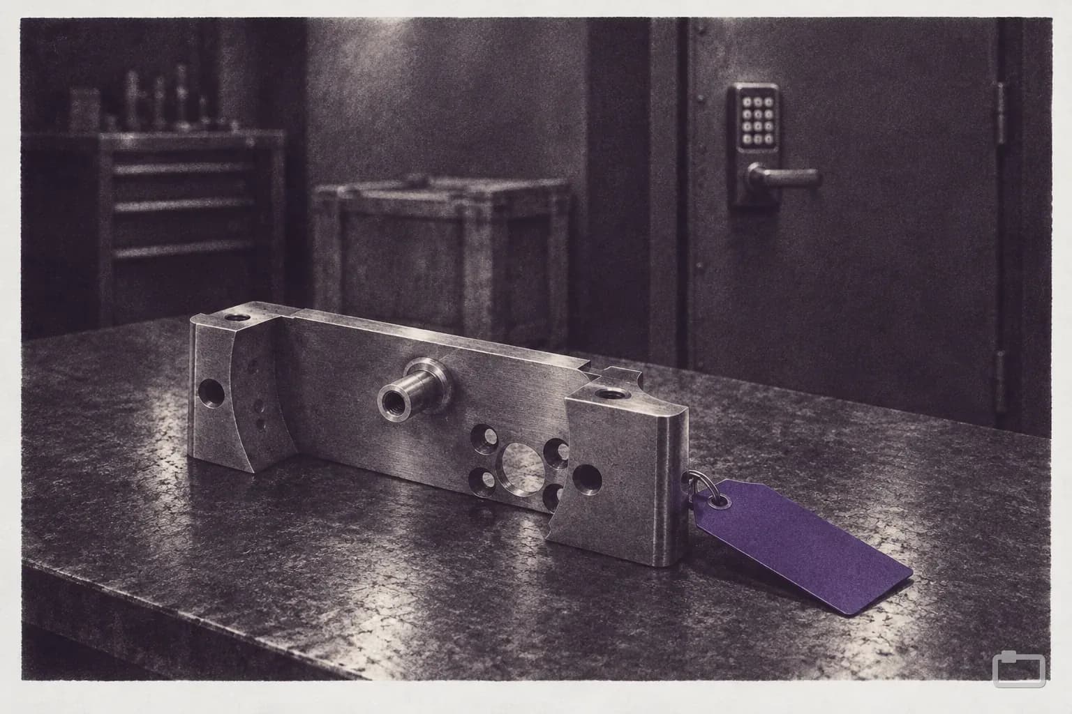 Mezzotint of a machined housing with a tag, a keypad door behind