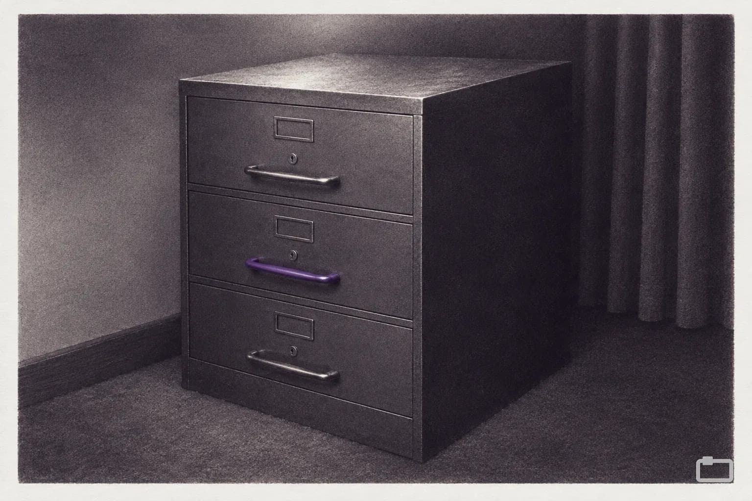 Mezzotint of a closed steel filing cabinet with one purple drawer handle