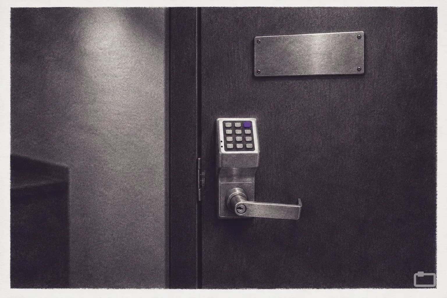 Mezzotint of a closed inner door with a keypad lock
