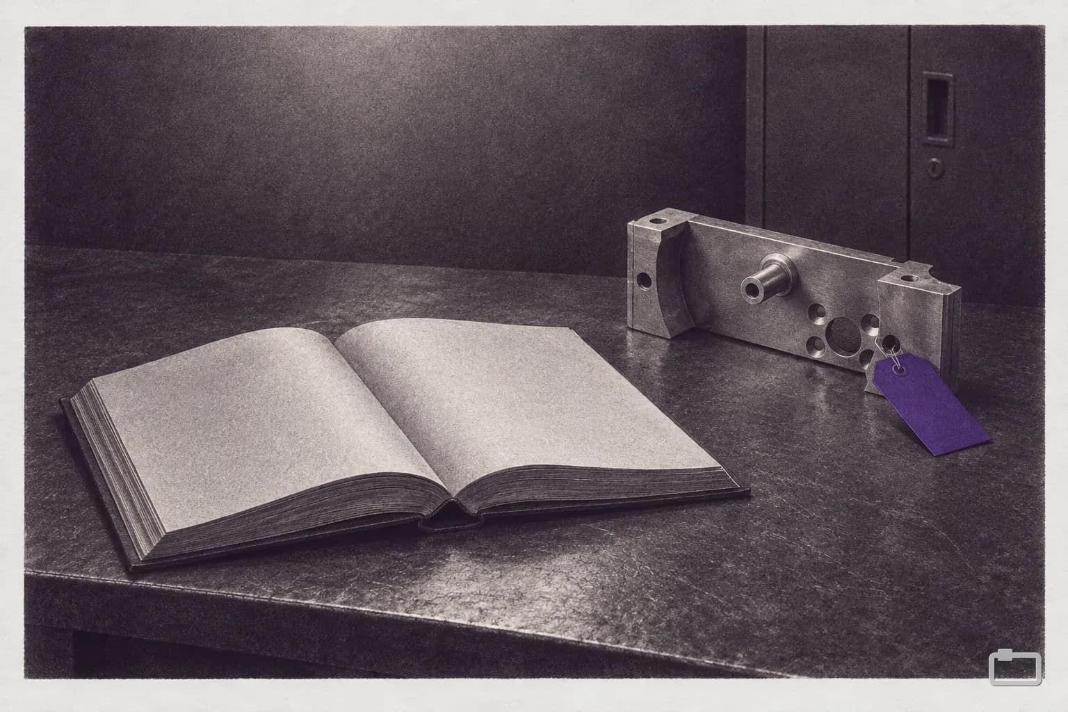 Mezzotint of an open bound book beside a machined part