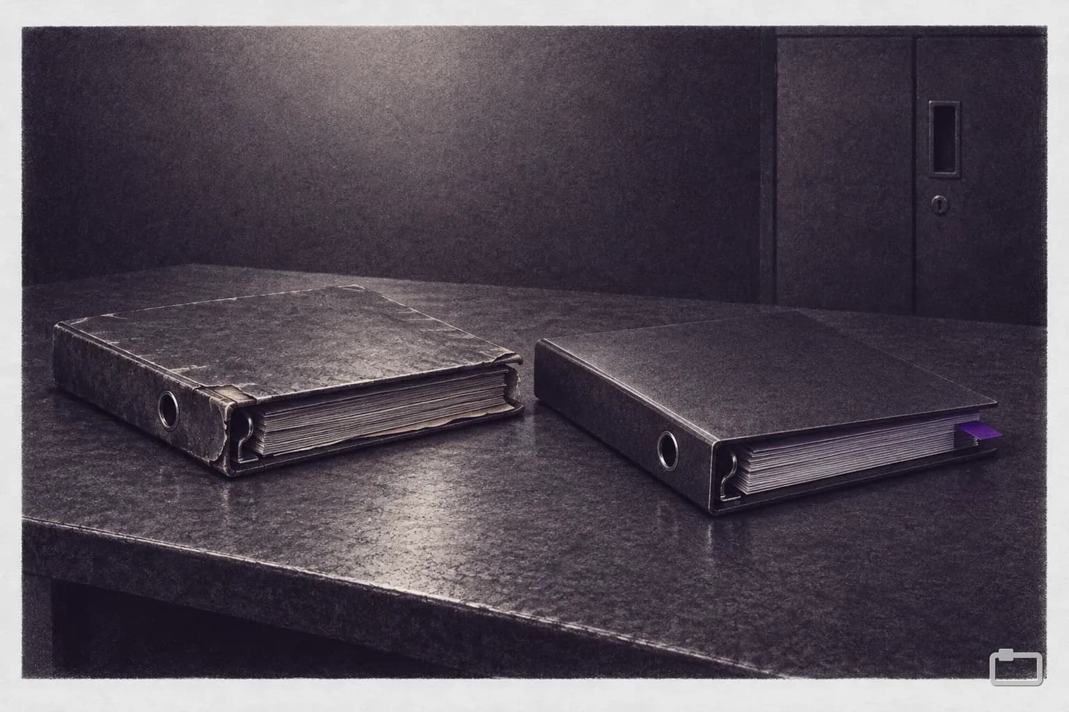 Mezzotint of a worn binder beside a new one