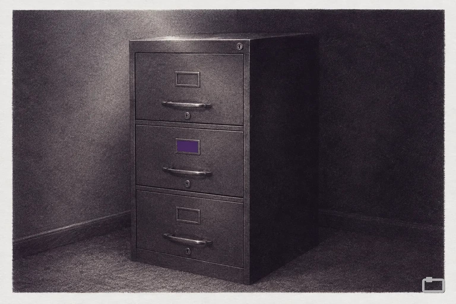 Mezzotint of a locked steel filing cabinet