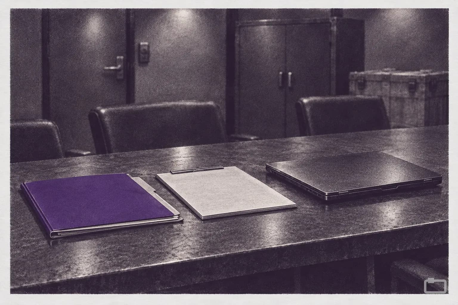 Mezzotint of a folder, a checklist and a closed laptop laid out on a table