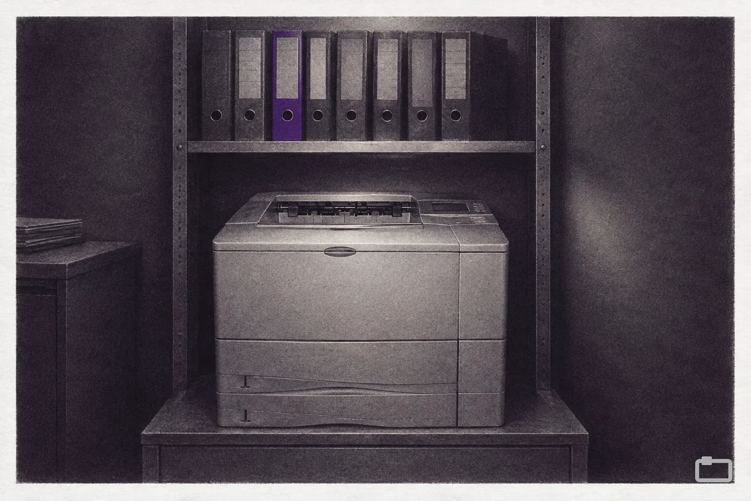 Mezzotint of a shelf of binders above an office printer