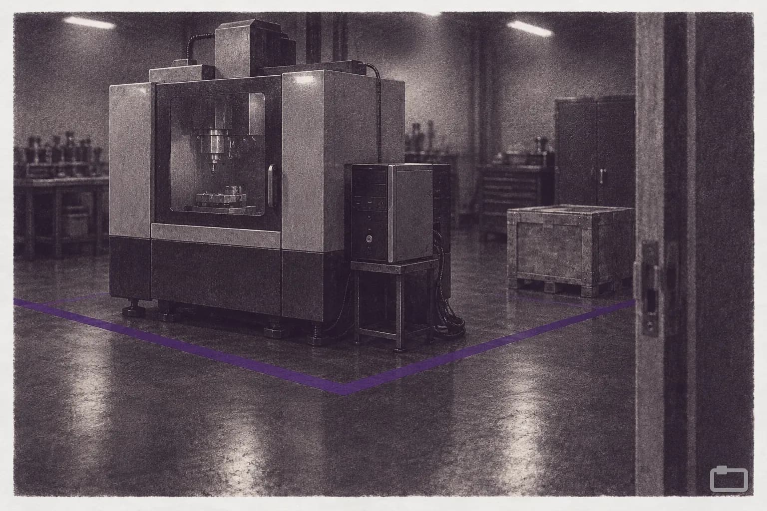 Mezzotint of a painted floor line marking off a corner of a machine shop