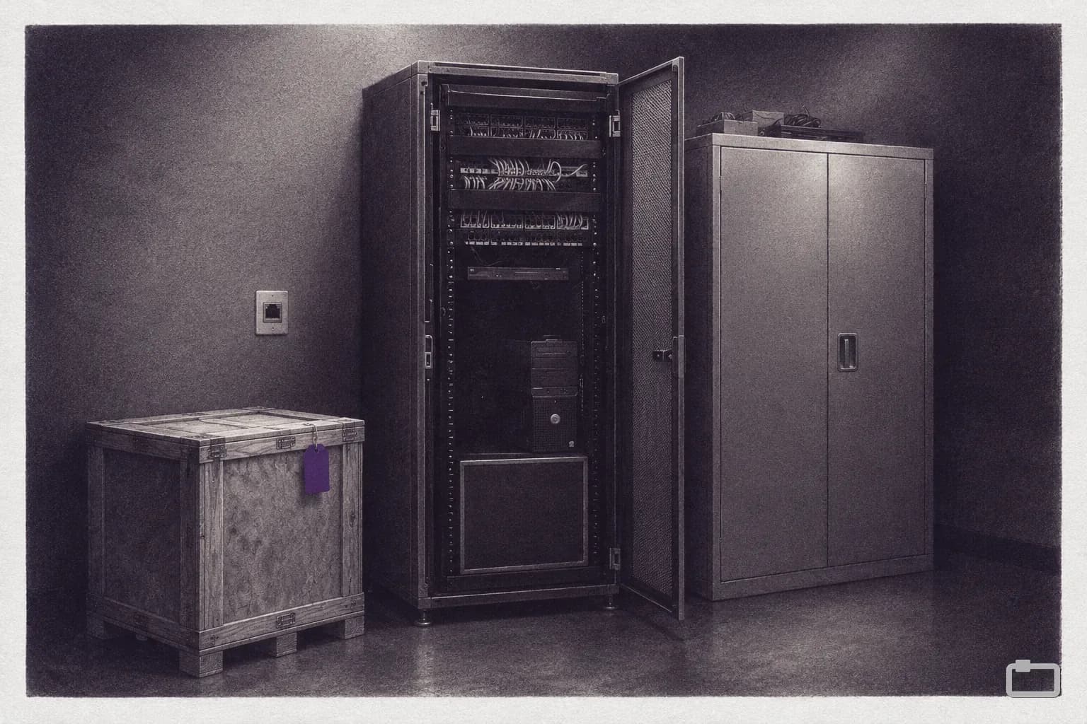 Mezzotint of a server rack, a wall jack and an incoming crate in an office corner