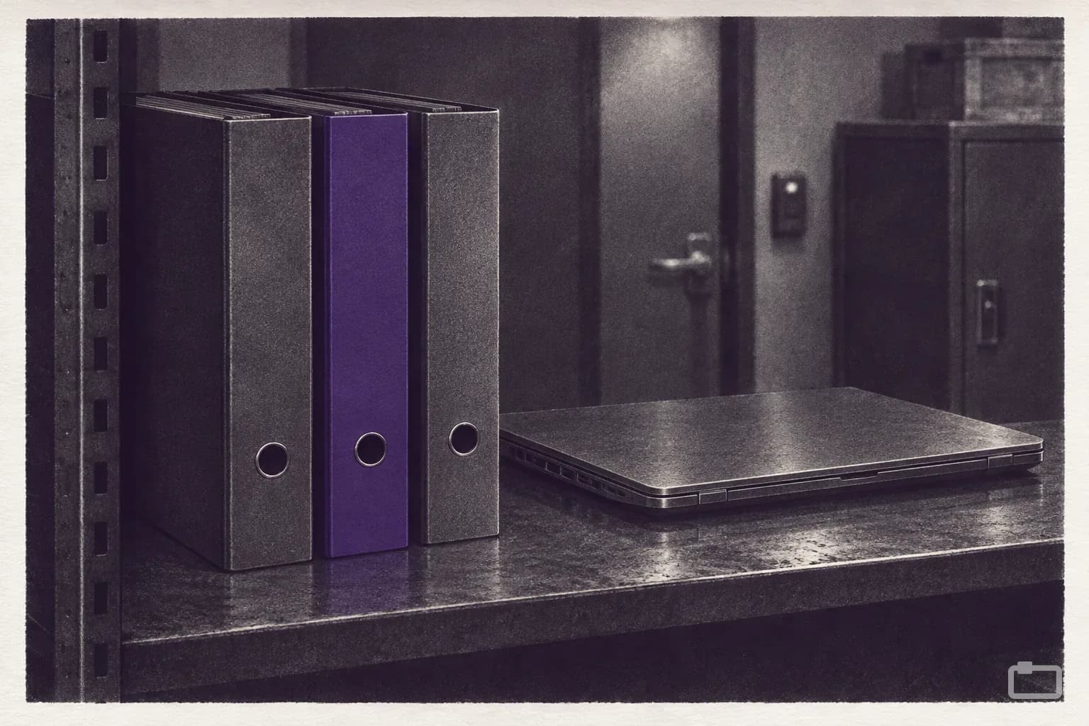 Mezzotint of three binders on a shelf beside a closed laptop