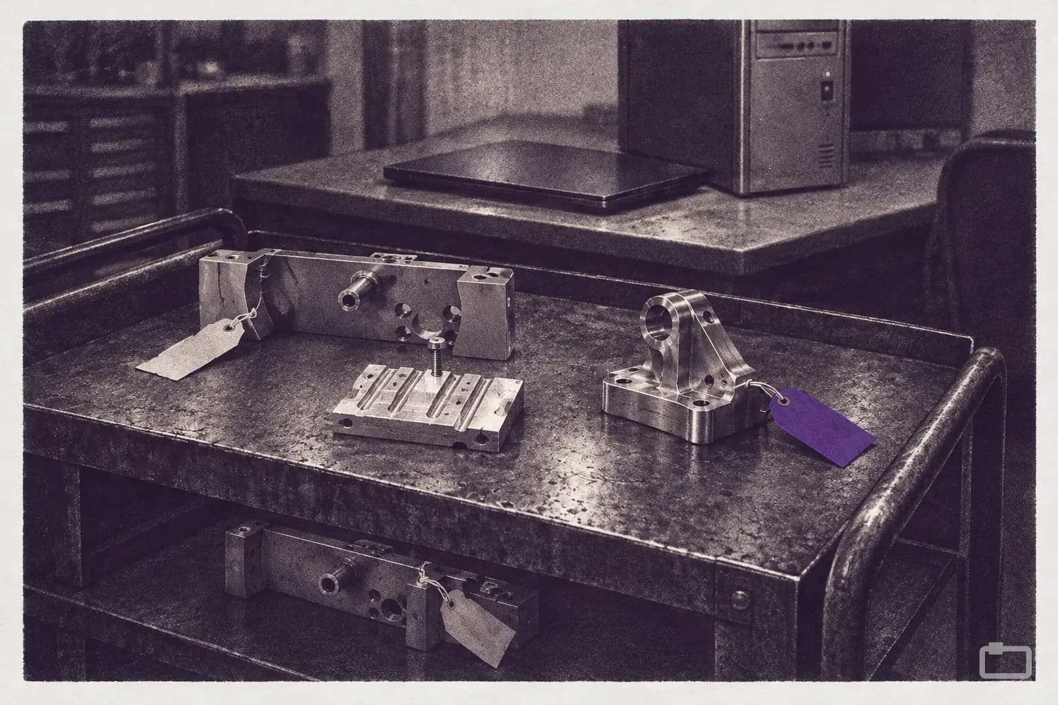 Mezzotint of a cart of tagged machined parts with a desktop computer behind it