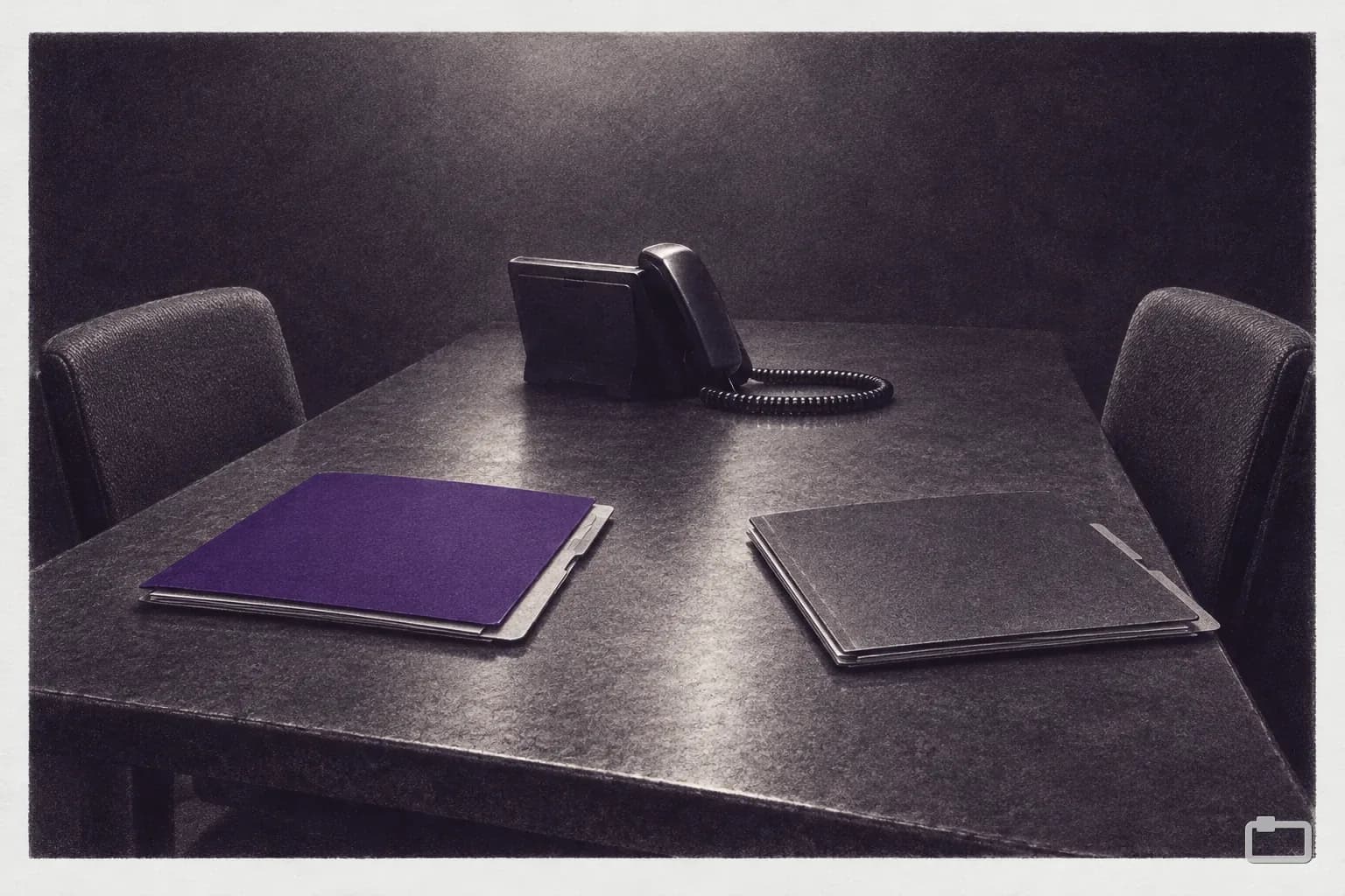 Mezzotint of two folders facing each other on a meeting table with a desk phone