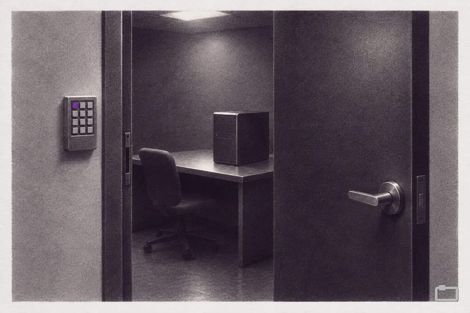 Mezzotint of a small room holding one desktop computer behind a steel door with a keypad
