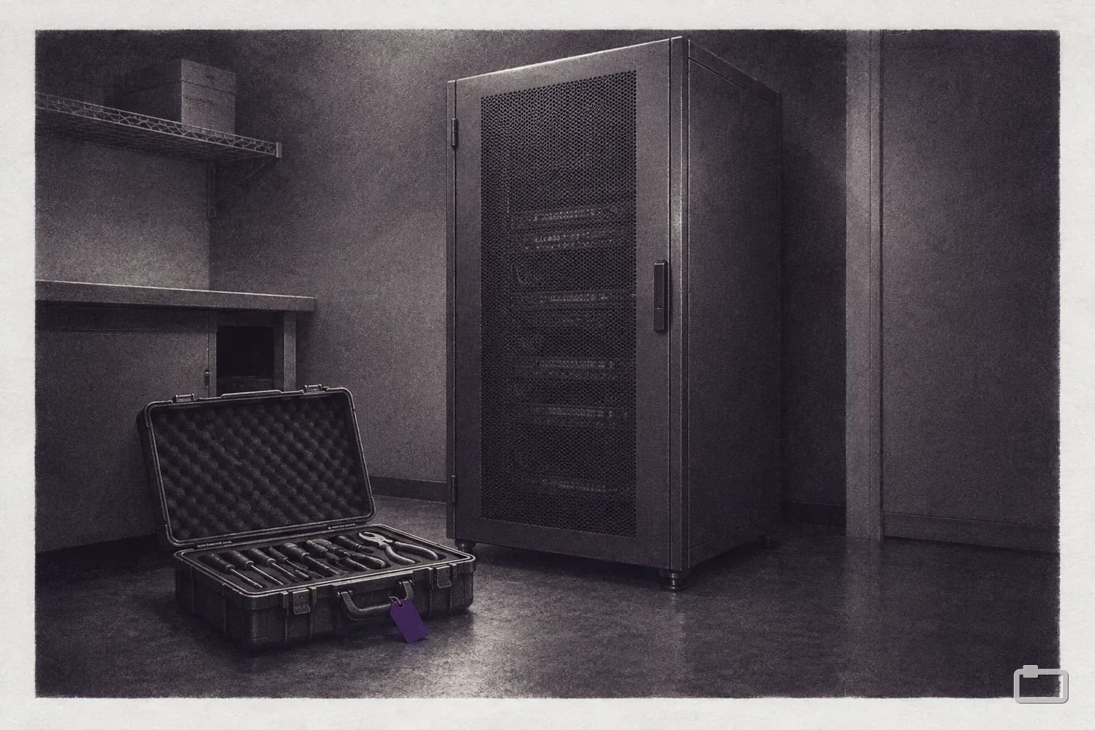 Mezzotint of a closed server rack with an open tool case in front of it