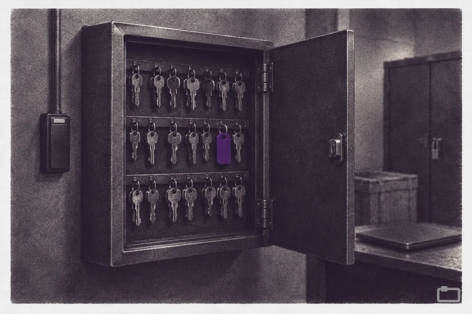 Mezzotint of an open wall key cabinet with rows of keys