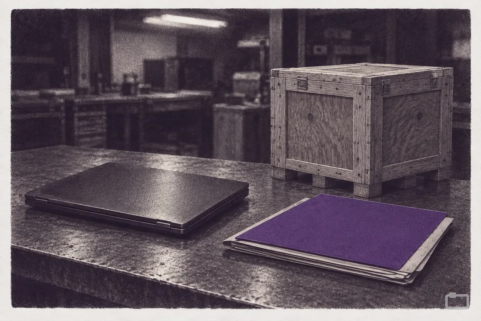Mezzotint of a closed laptop beside a small crate and a stack of folders