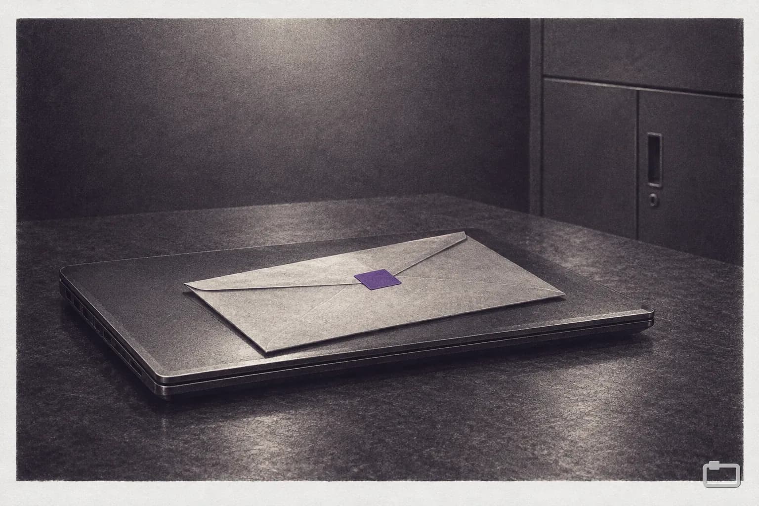 Mezzotint of a sealed envelope lying on a closed laptop