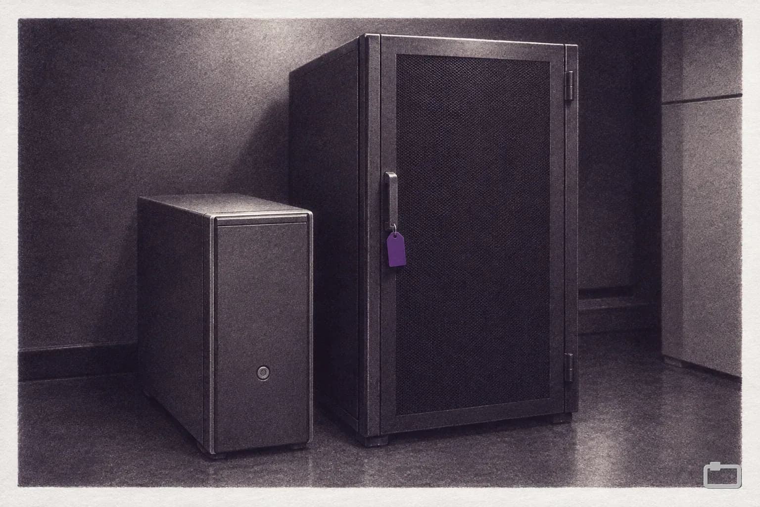 Mezzotint of a desktop tower beside a tall server rack