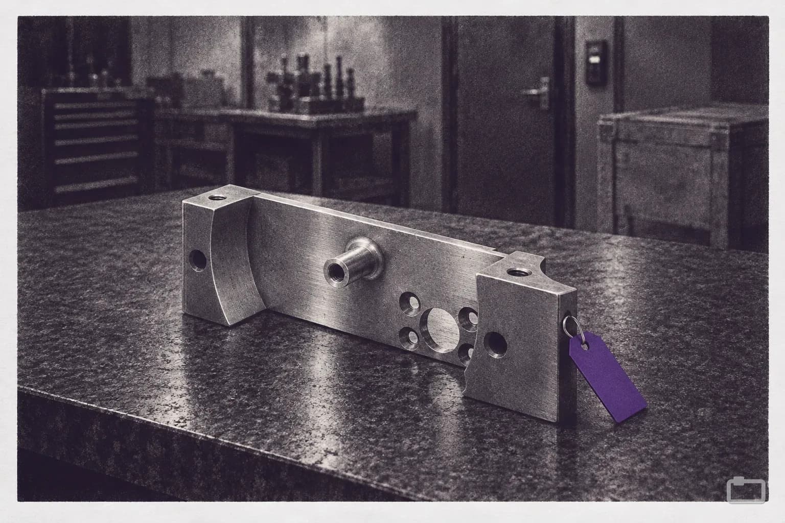 Mezzotint of a machined part on an inspection surface plate