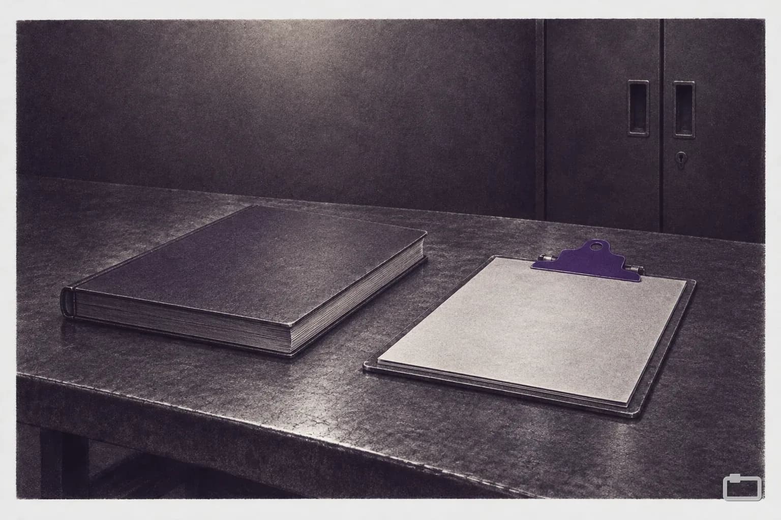 Mezzotint of a thick bound standard beside a checklist on a clipboard