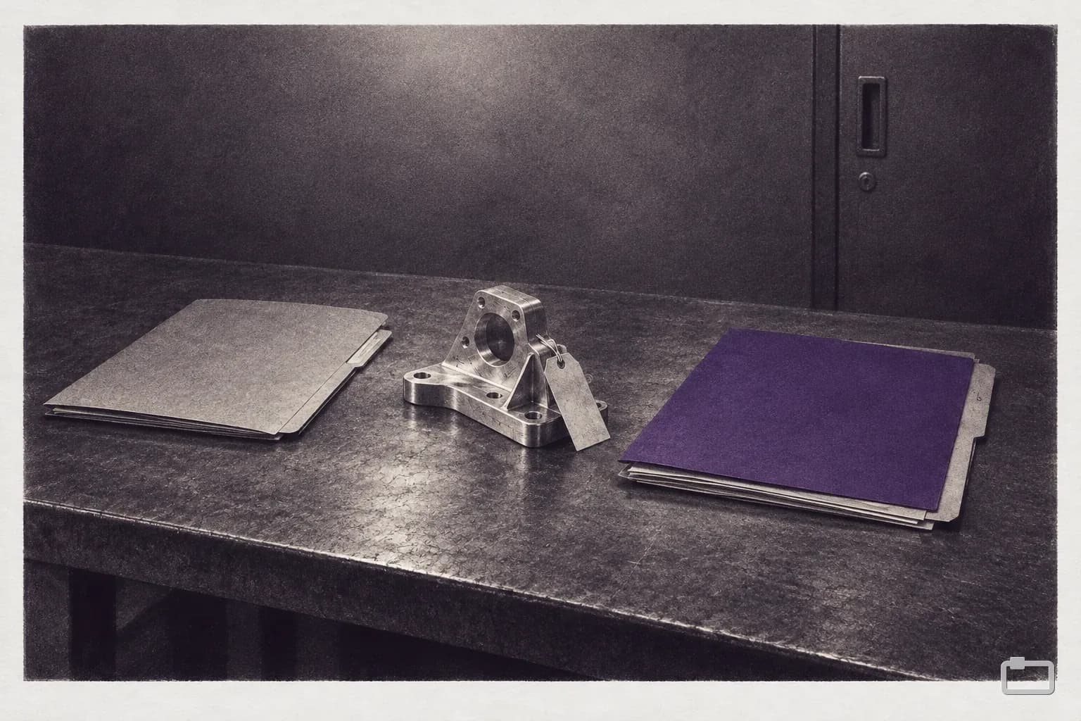 Mezzotint of a plain folder and a folder with a purple cover sheet, a machined part between them
