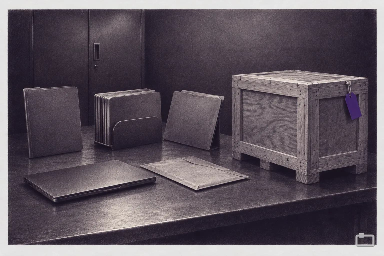Mezzotint of a closed laptop, a sealed envelope and a small crate on a desk
