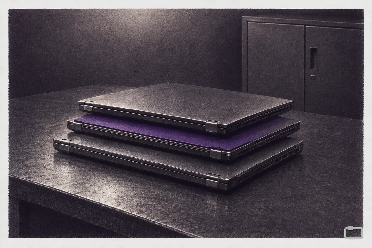 Mezzotint of three closed laptops stacked on a desk