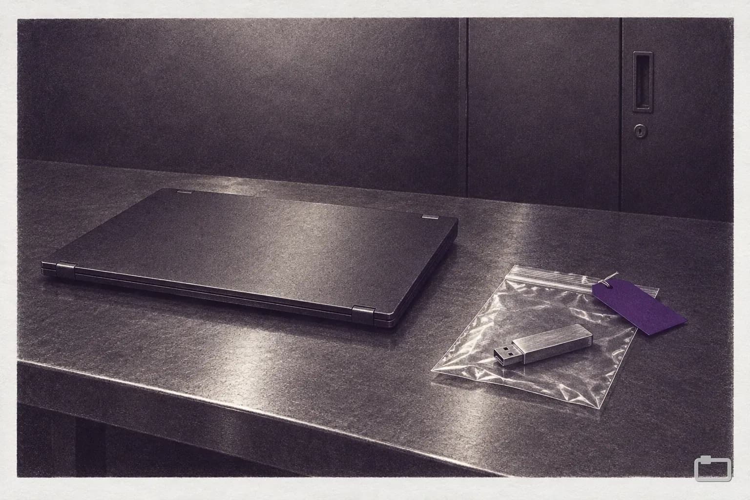 Mezzotint of a closed laptop and a sealed bag holding a USB drive