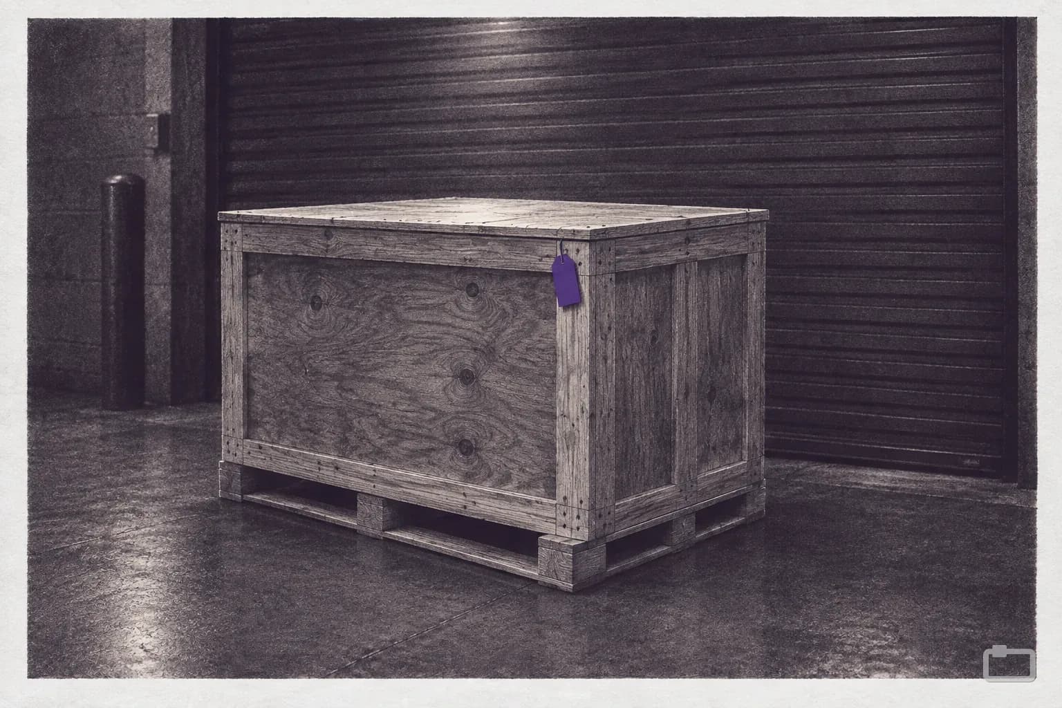 Mezzotint of a closed plywood crate on a pallet by a loading door