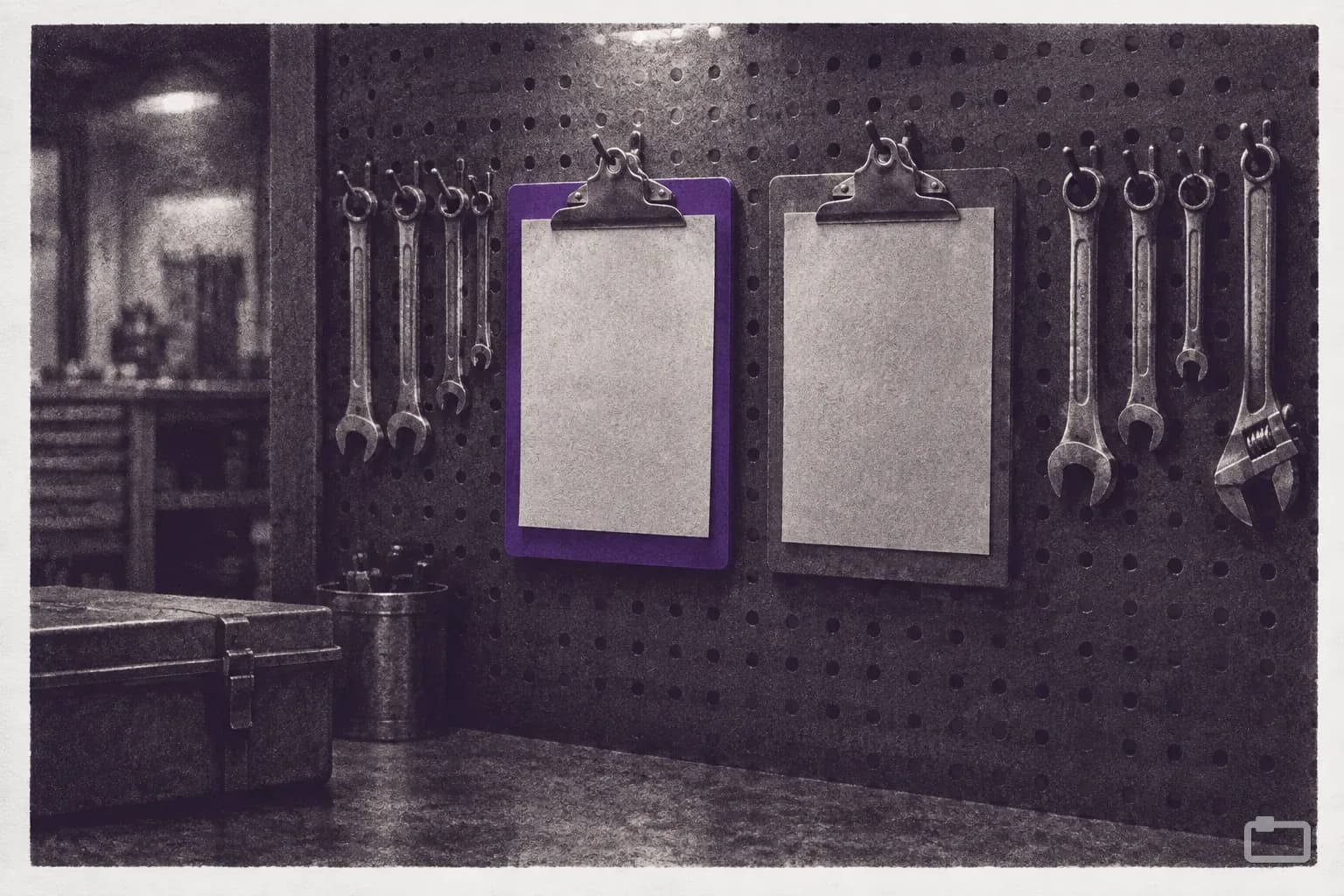 Mezzotint of two clipboards hanging on a shop pegboard
