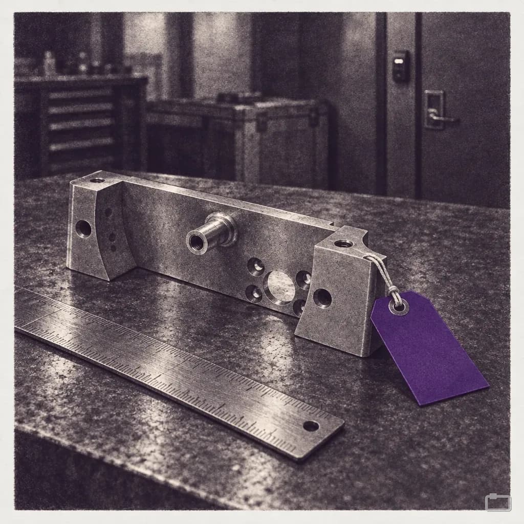 Mezzotint of an inspection tag tied to a machined part