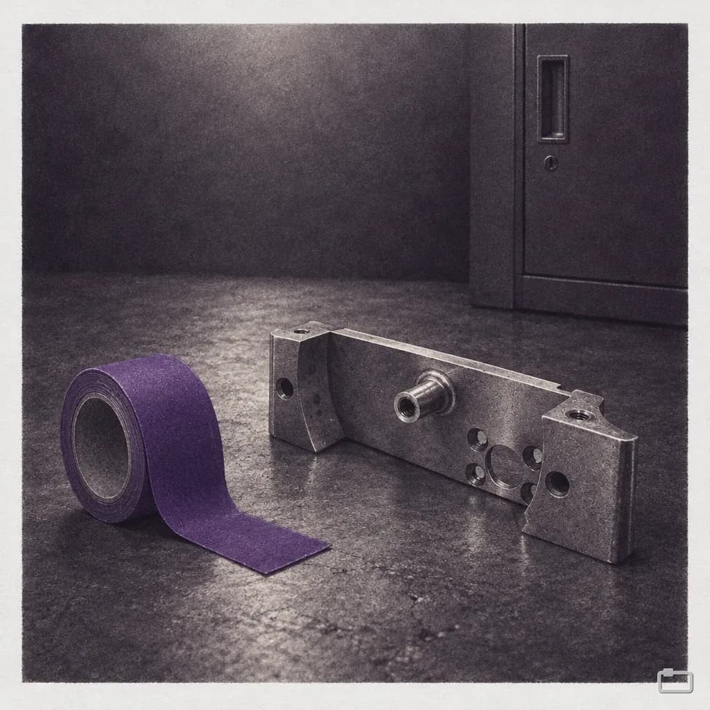 Mezzotint of a roll of floor tape beside a machined part